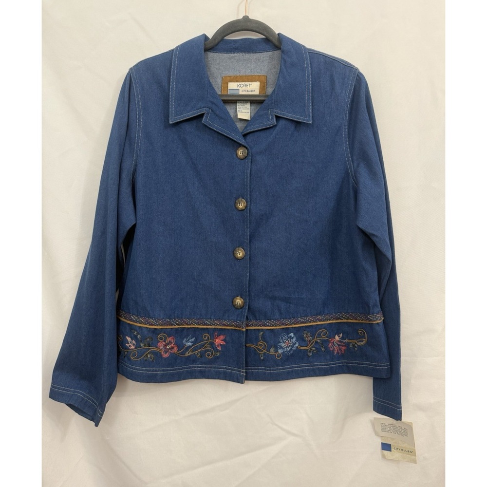 Vintage NWT Koret City Blues Denim Jacket Shirt Womens Size L Emroidered Floral